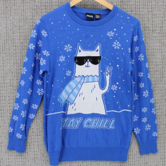 Mad Engine Christmas Sweater Womens Large L Blue Knit Stay Chill Cat Graphic Y2k - Picture 1 of 9